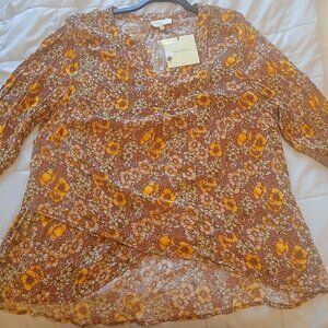 New Cynthia Rowley 1X Floral Blouse Long Sleeve Asymmetrical Hem, NWT